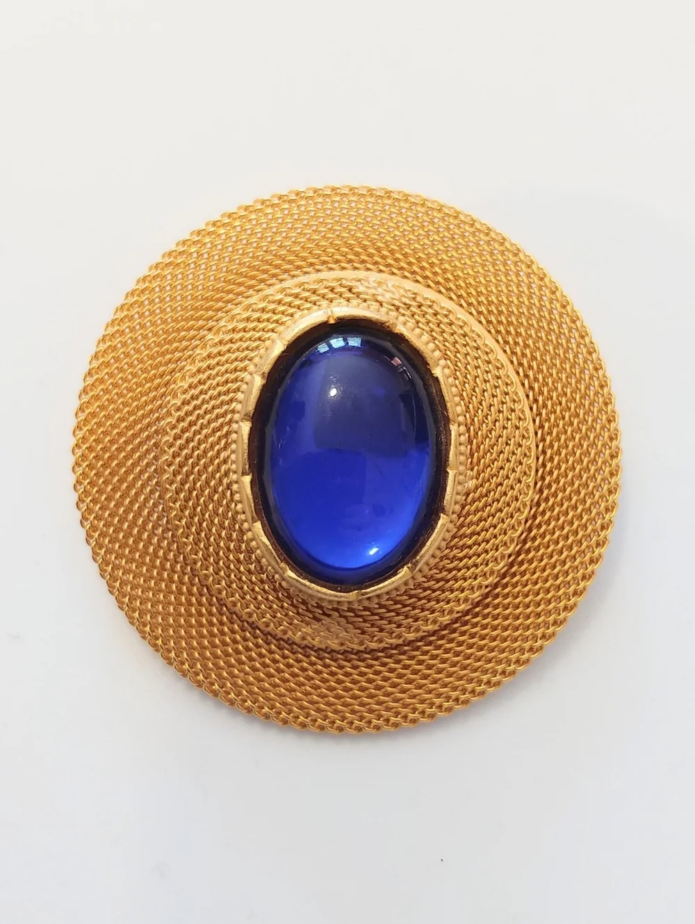 Vintage 80s Unsigned CRAFT Large Bold Shield Brooch Pin w/ Blue Lucite Cabachon